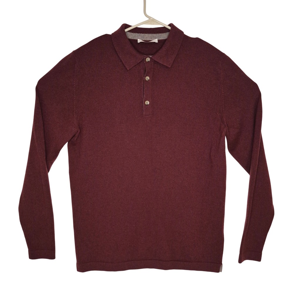 Luca Faloni Polo Sweater Mens Large Burgundy 100% Cashmere Long Sleeve Italy